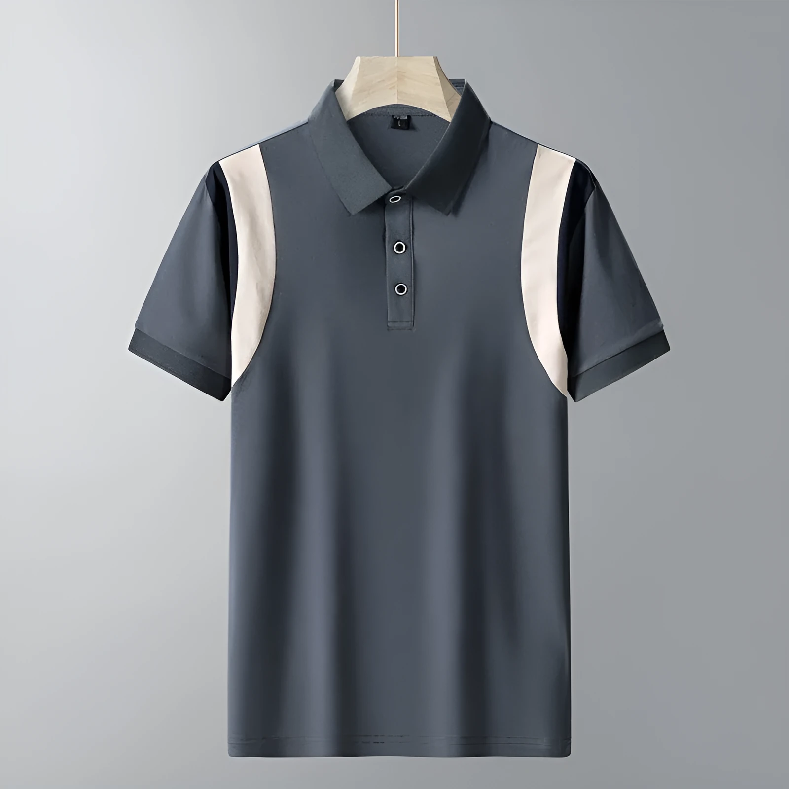 Man wearing a grey lapel-collar short-sleeve cotton T-shirt with a striped pattern.