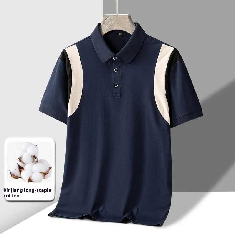 Man wearing a grey lapel-collar short-sleeve cotton T-shirt with a striped pattern.