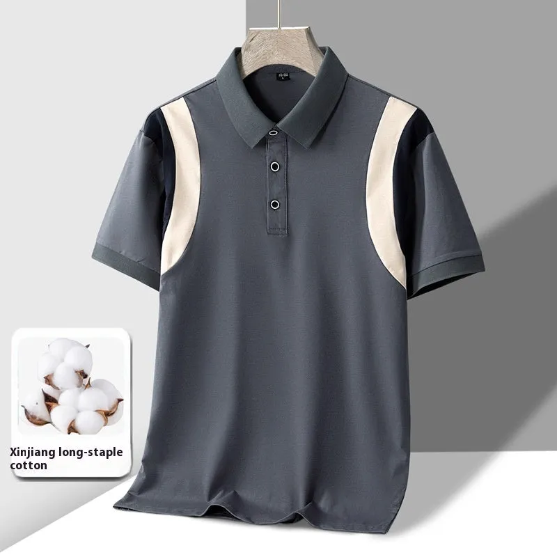 Man wearing a grey lapel-collar short-sleeve cotton T-shirt with a striped pattern.