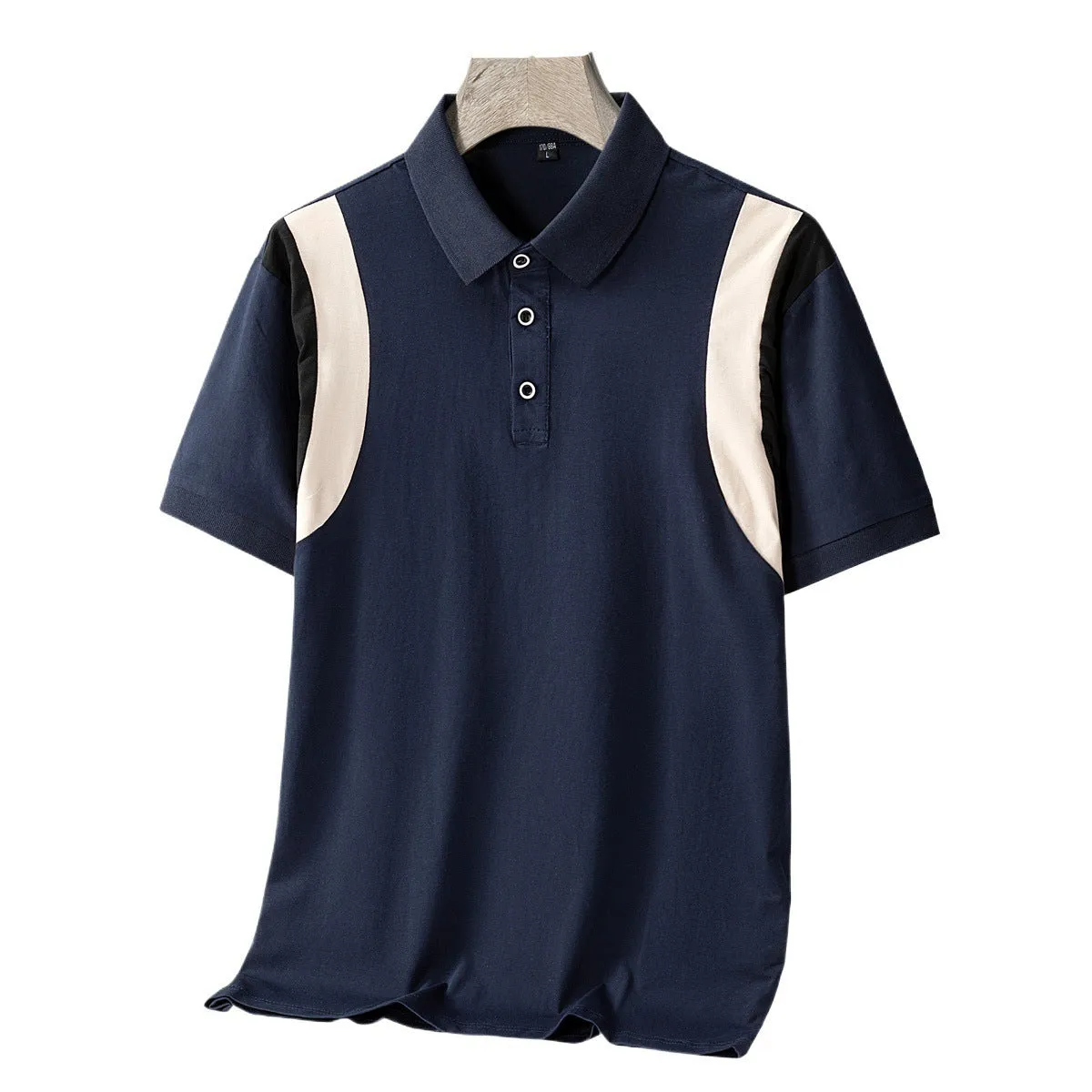 Man wearing a grey lapel-collar short-sleeve cotton T-shirt with a striped pattern.