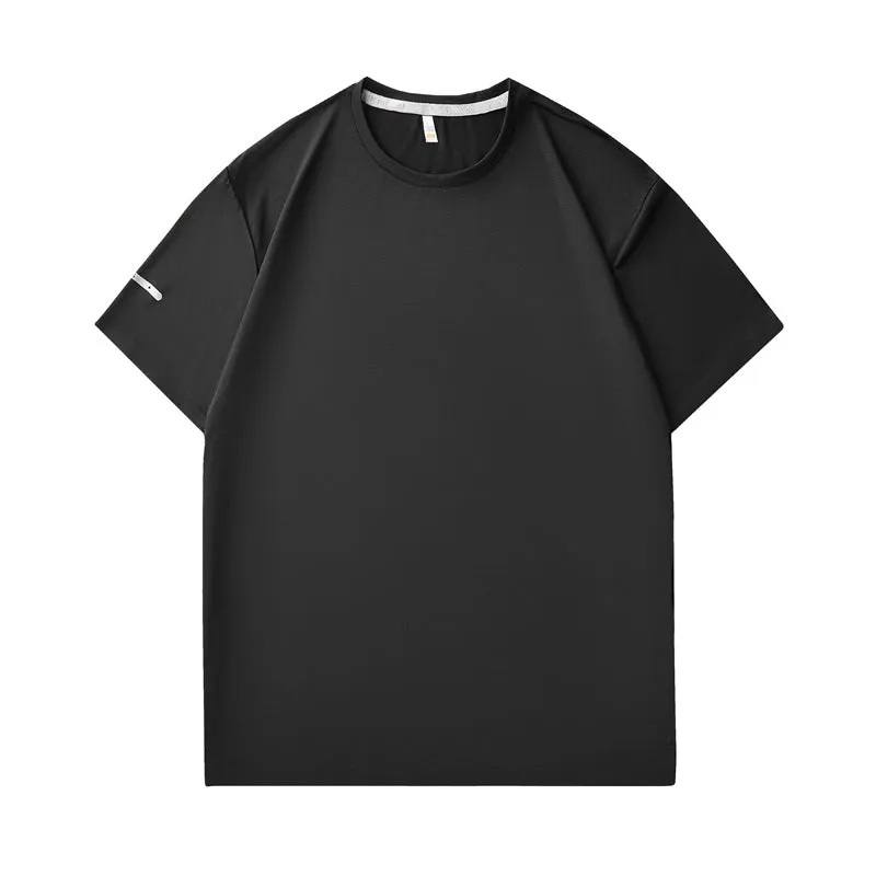 Seamless nylon quick-dry T-shirt in black, slim fit, round neck, short sleeve for men