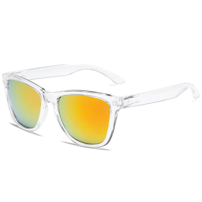 Sun protection glasses with plastic frames and lenses in a selection of colour finishes.