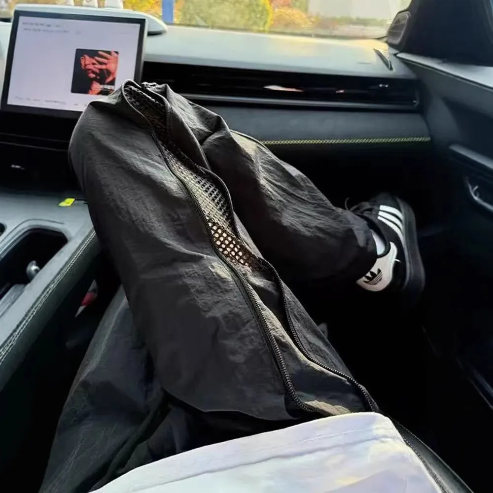 Men's black side zipper polyester outdoor technical trousers straight-leg summer pants