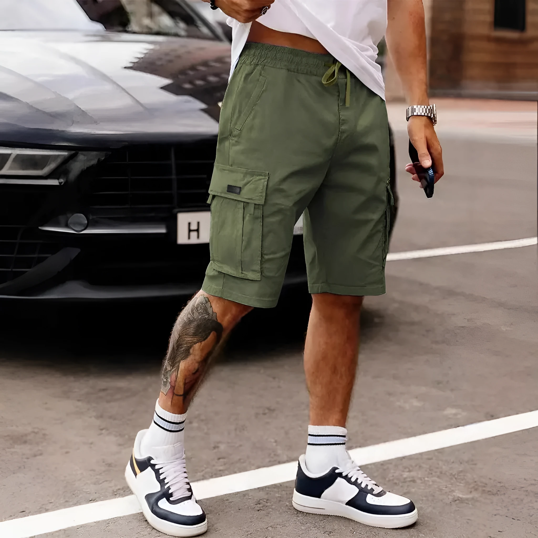 Men's loose fit polyester work shorts in light gray, summer casual style