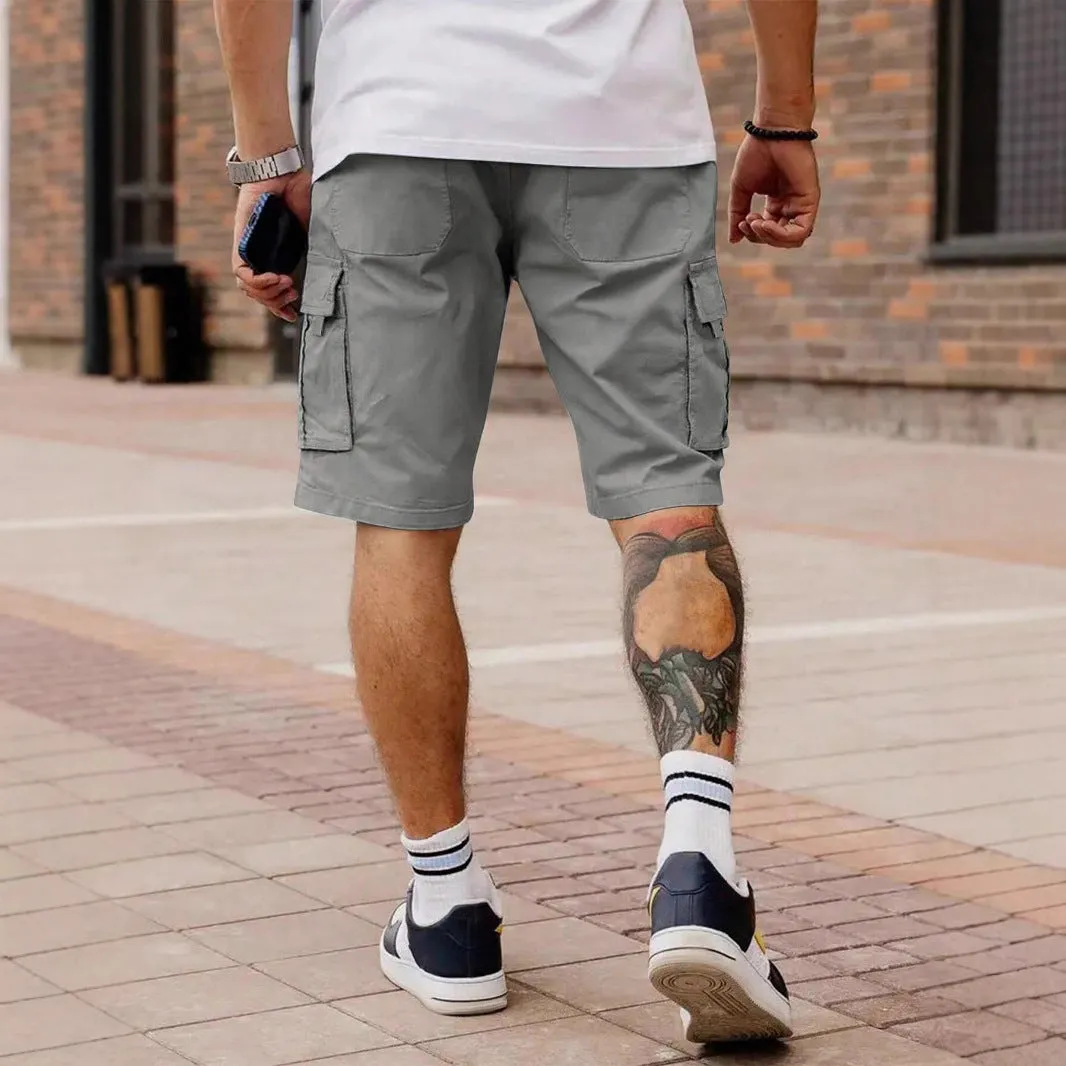 Men's loose fit polyester work shorts in light gray, summer casual style