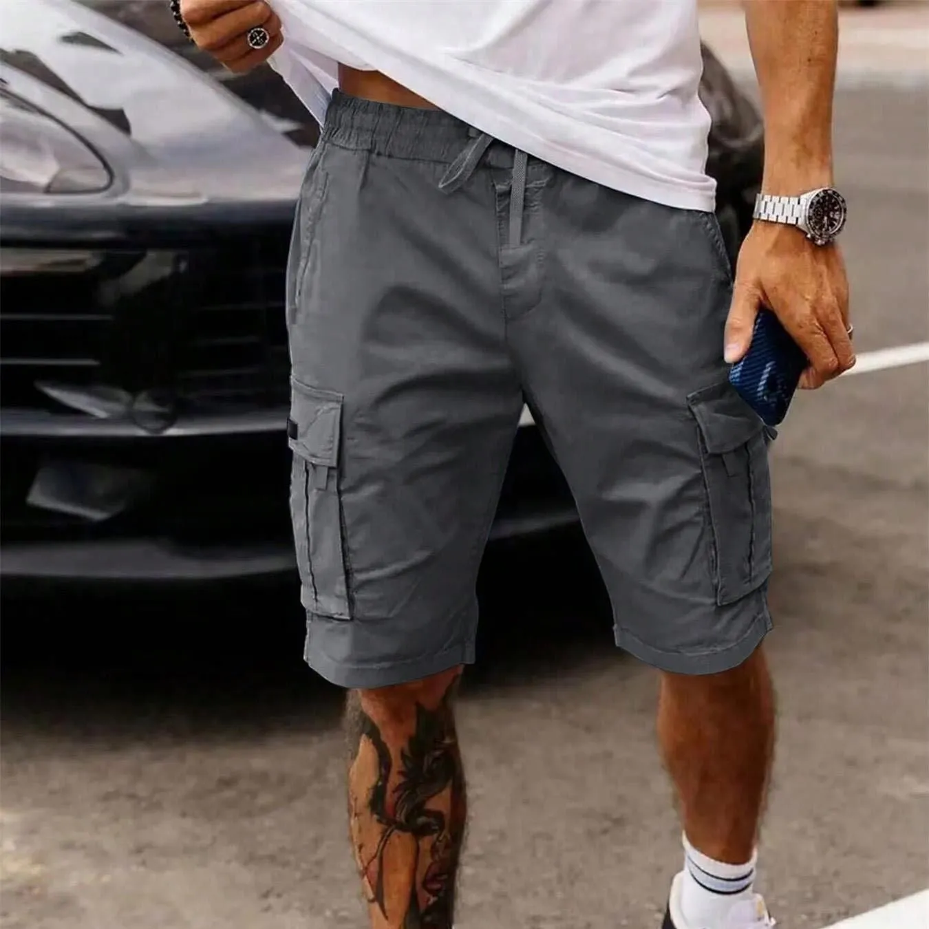 Men's loose fit polyester work shorts in light gray, summer casual style