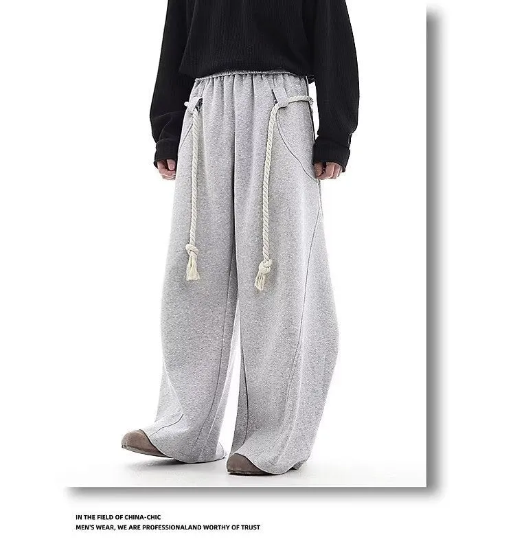 Retro gray cotton wide-leg sports pants for men, loose straight-leg casual trousers in size M to XXL