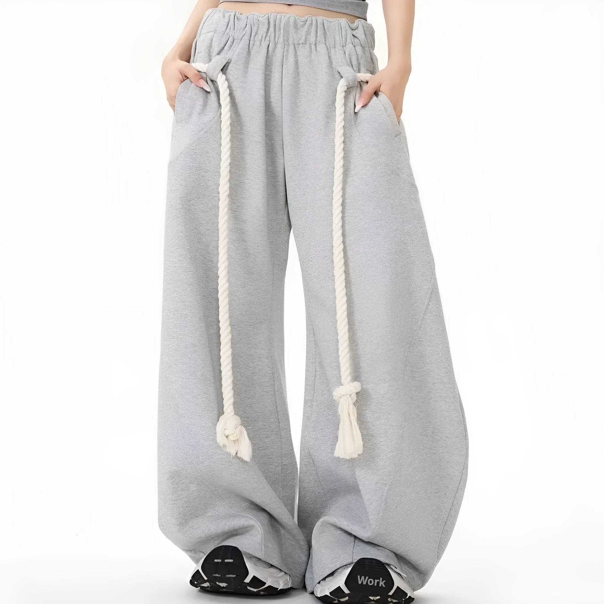 Retro gray cotton wide-leg sports pants for men, loose straight-leg casual trousers in size M to XXL