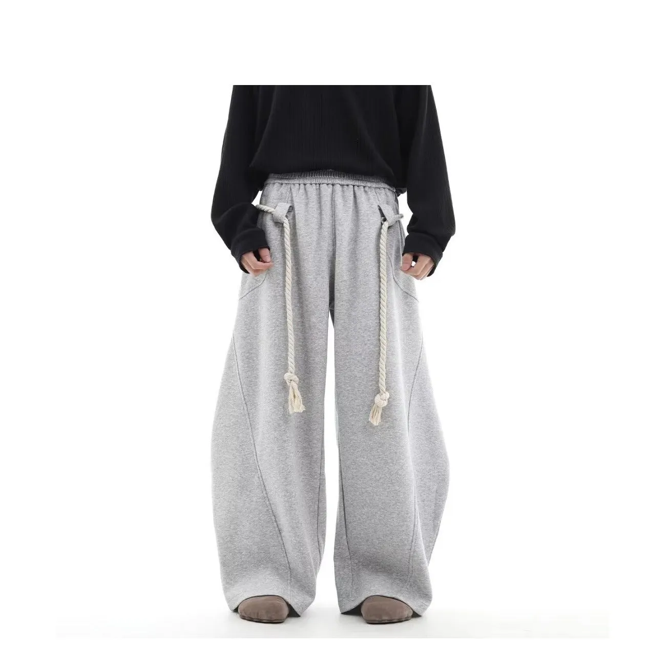 Retro gray cotton wide-leg sports pants for men, loose straight-leg casual trousers in size M to XXL