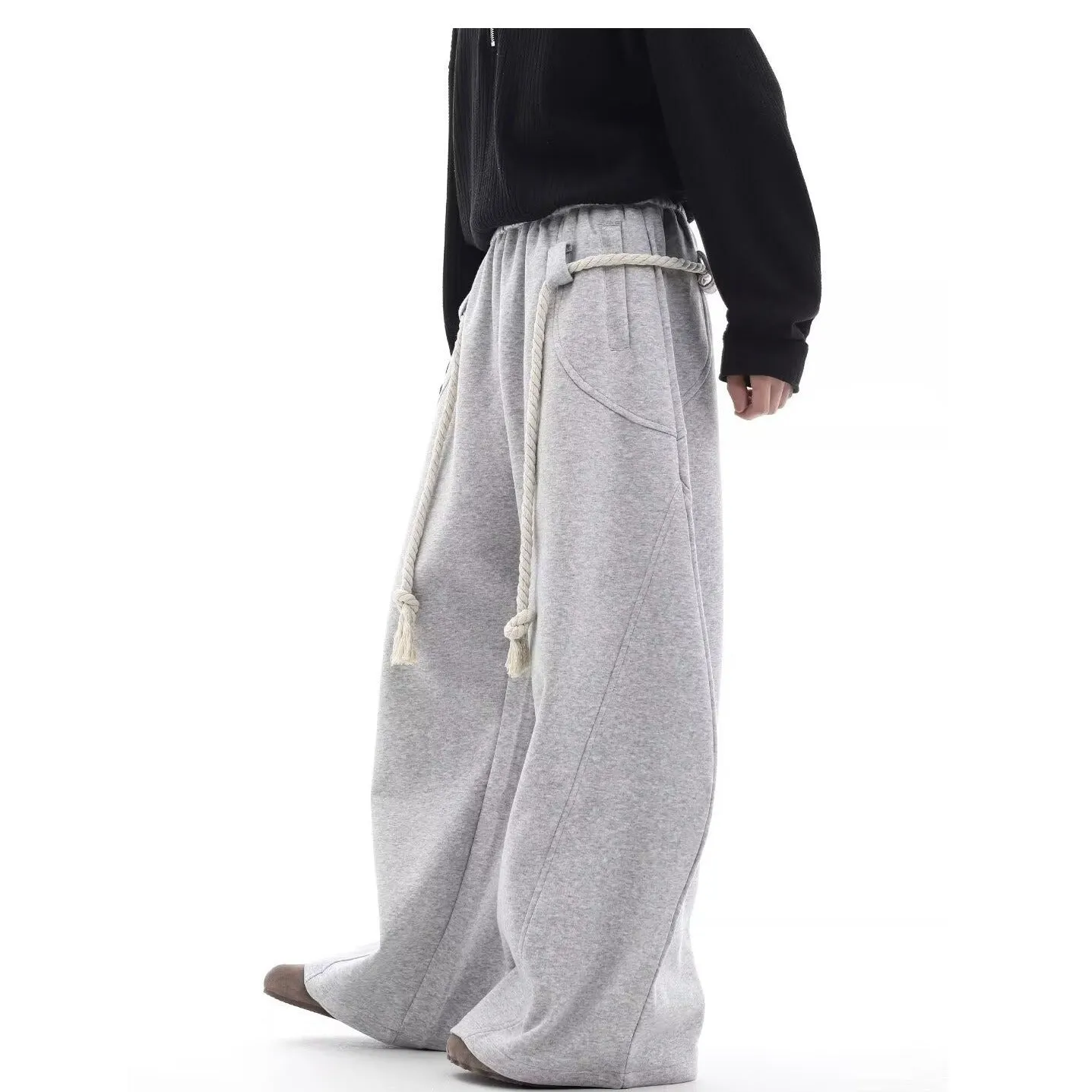 Retro gray cotton wide-leg sports pants for men, loose straight-leg casual trousers in size M to XXL