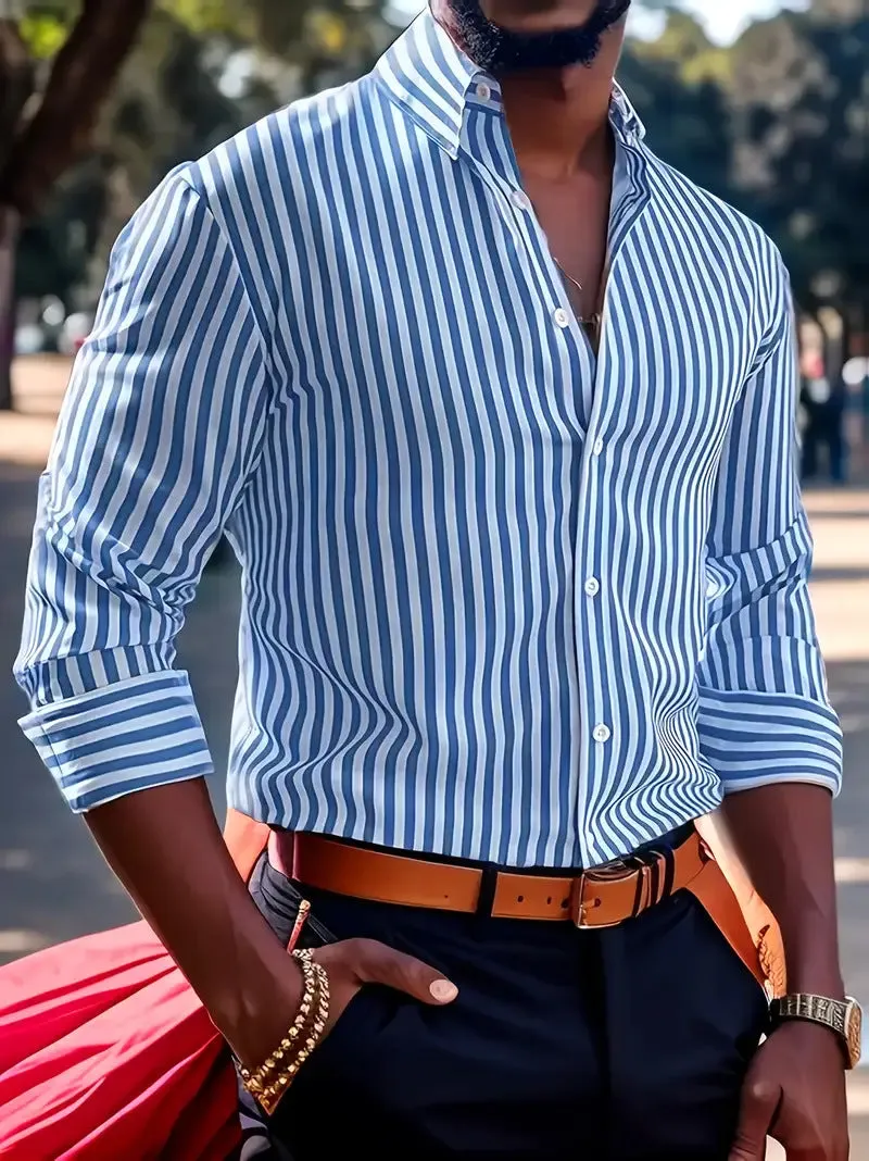 Men's stripe print long sleeve lapel button shirt, loose cardigan style in pink, front view
