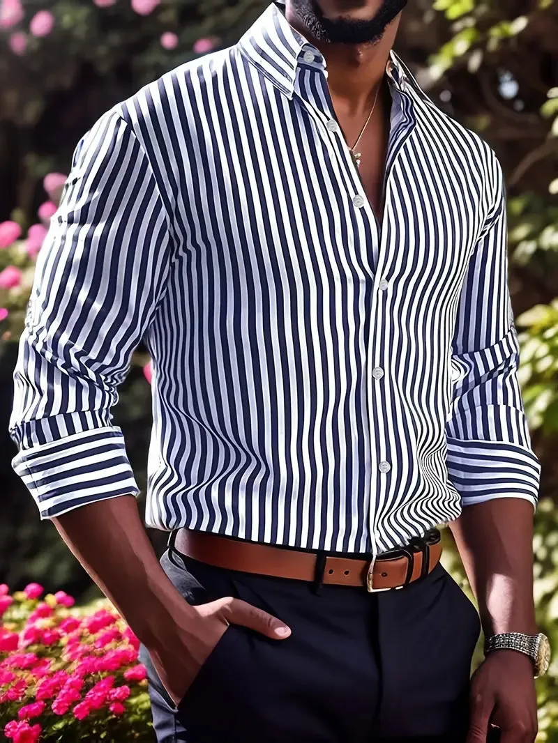 Men's stripe print long sleeve lapel button shirt, loose cardigan style in pink, front view