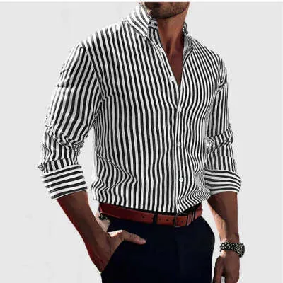 Men's stripe print long sleeve lapel button shirt, loose cardigan style in pink, front view