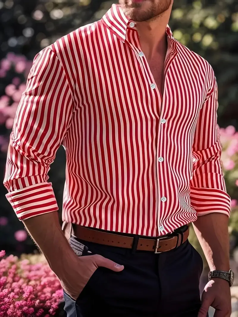 Men's stripe print long sleeve lapel button shirt, loose cardigan style in pink, front view