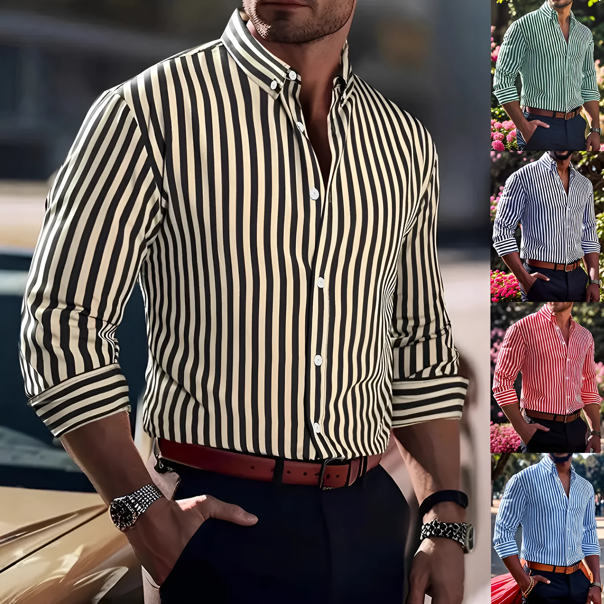 Men's stripe print long sleeve lapel button shirt, loose cardigan style in pink, front view