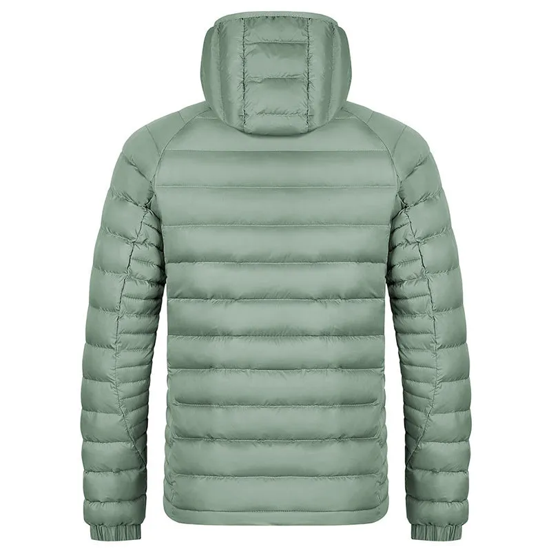 Winter lightweight hooded coat for men, polyester zipper jacket with pockets, solid colour outerwear in five colours