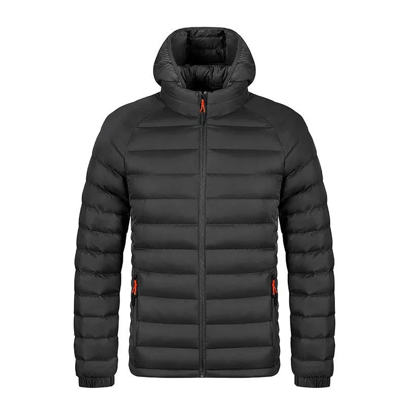 Winter lightweight hooded coat for men, polyester zipper jacket with pockets, solid colour outerwear in five colours