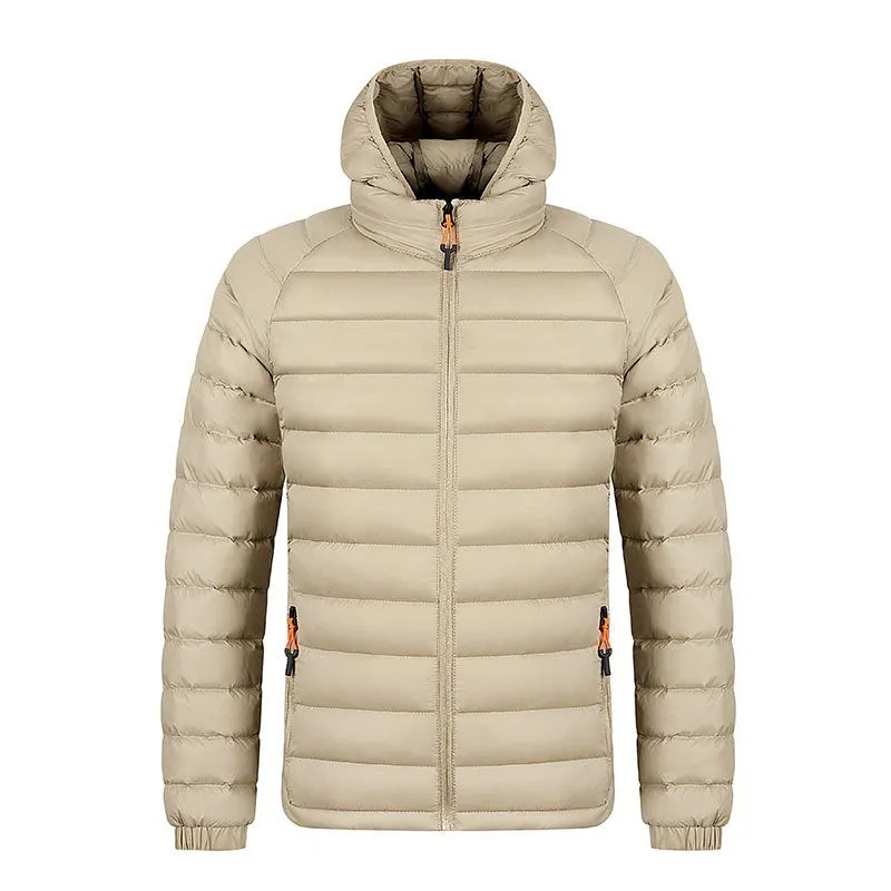 Winter lightweight hooded coat for men, polyester zipper jacket with pockets, solid colour outerwear in five colours