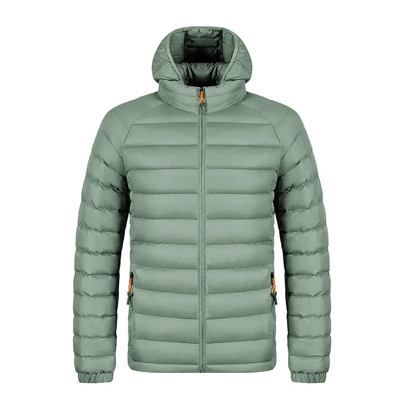 Winter lightweight hooded coat for men, polyester zipper jacket with pockets, solid colour outerwear in five colours