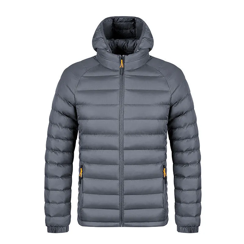 Winter lightweight hooded coat for men, polyester zipper jacket with pockets, solid colour outerwear in five colours