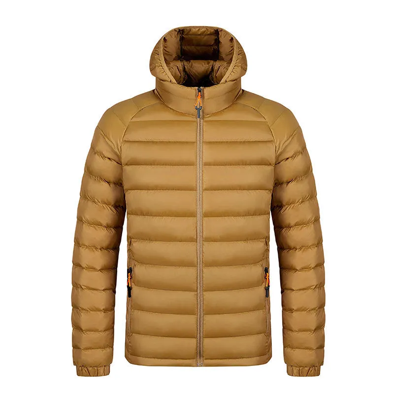 Winter lightweight hooded coat for men, polyester zipper jacket with pockets, solid colour outerwear in five colours