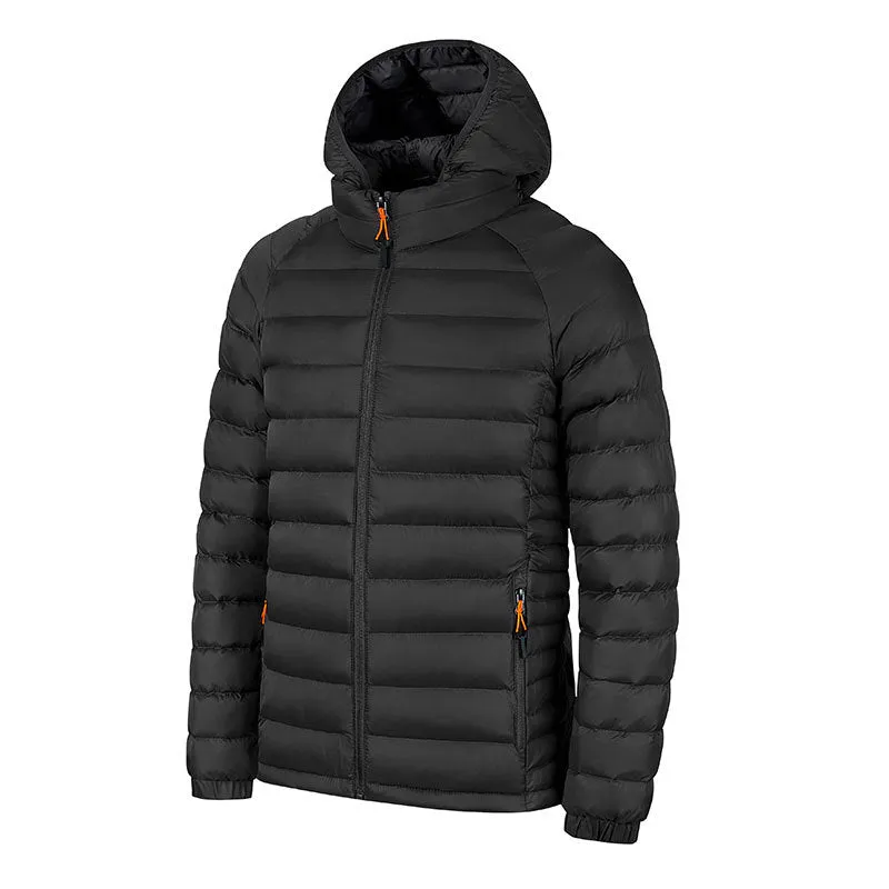 Winter lightweight hooded coat for men, polyester zipper jacket with pockets, solid colour outerwear in five colours