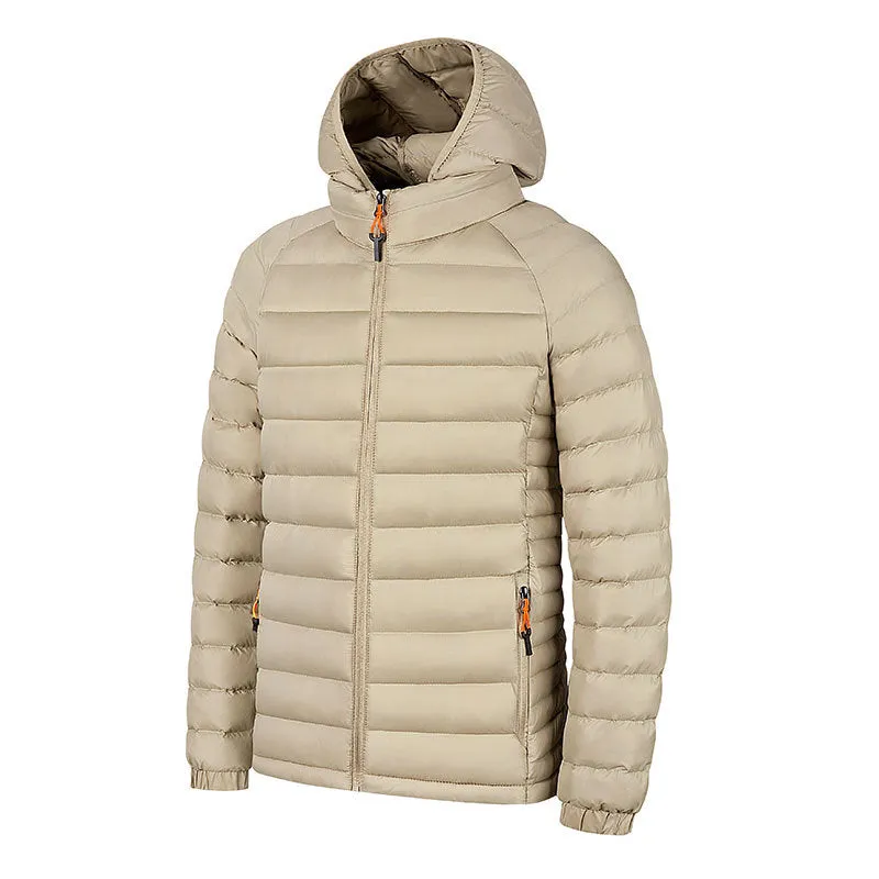 Winter lightweight hooded coat for men, polyester zipper jacket with pockets, solid colour outerwear in five colours