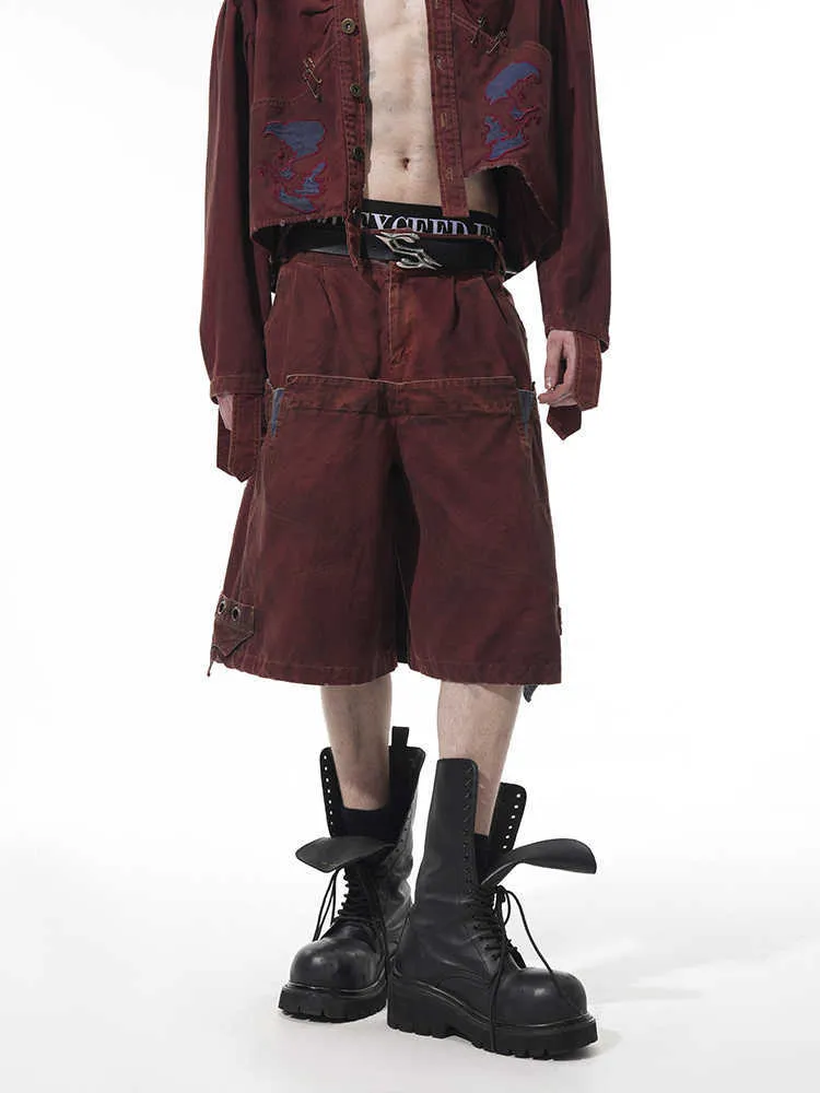 Men's black double waist cropped pants with washed stitching details and mid-high waist