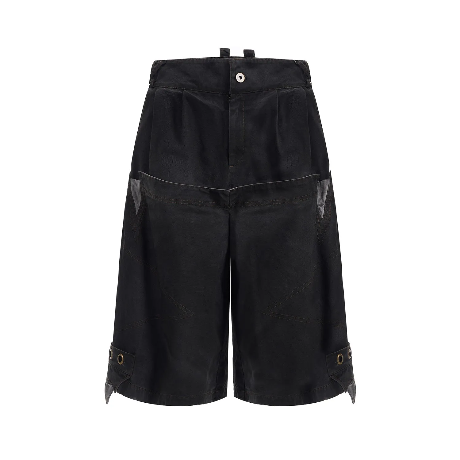 Men's black double waist cropped pants with washed stitching details and mid-high waist