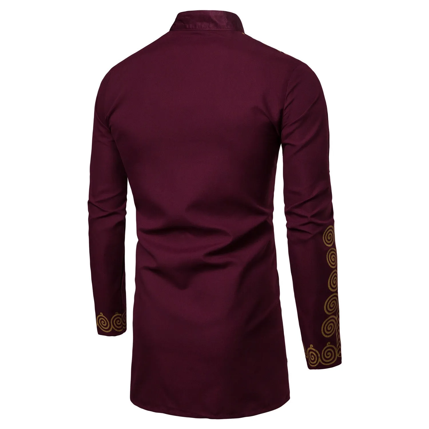 Men's African print long pullover hoodie in white with bronzing pattern, stand-up collar, and long sleeves