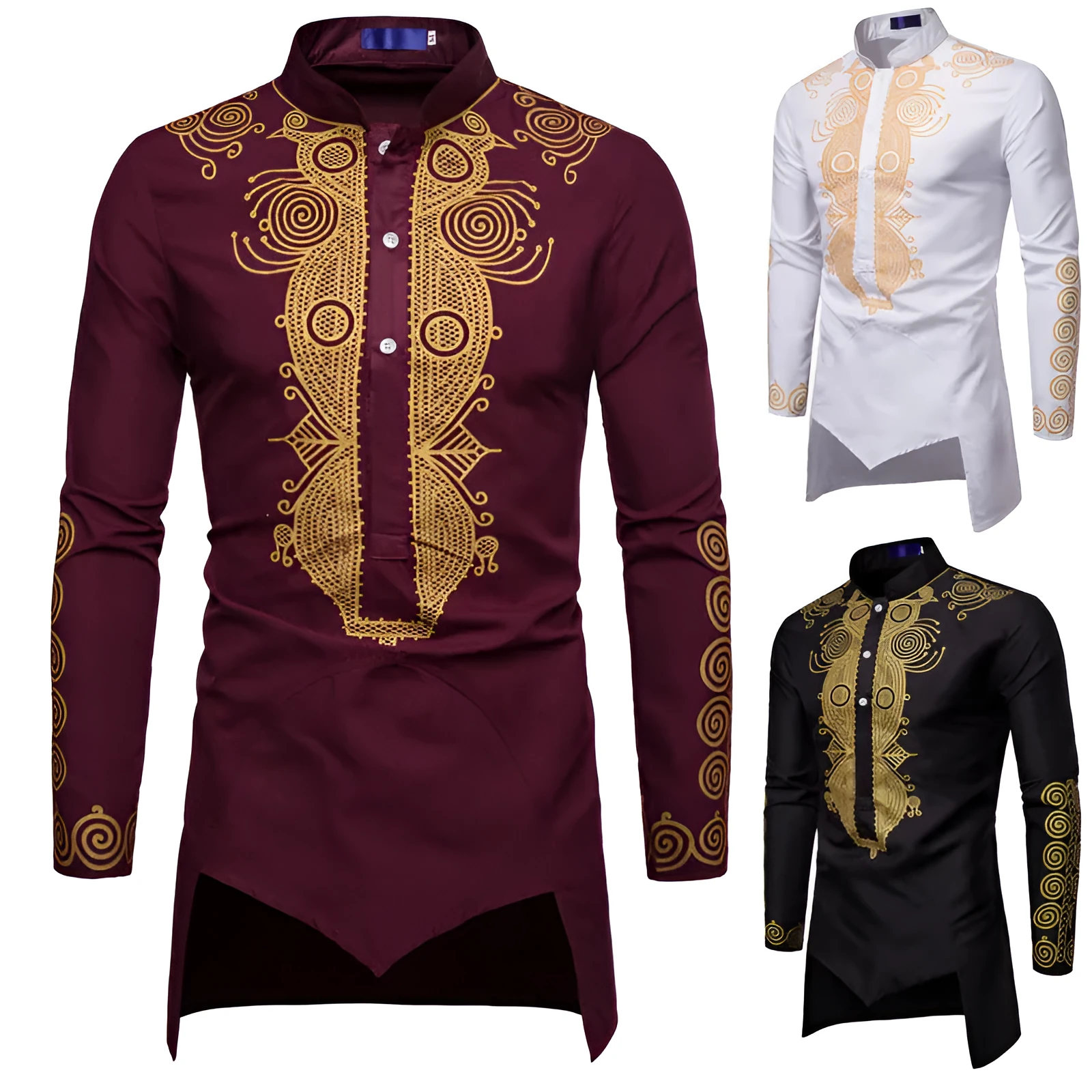 Men's African print long pullover hoodie in white with bronzing pattern, stand-up collar, and long sleeves