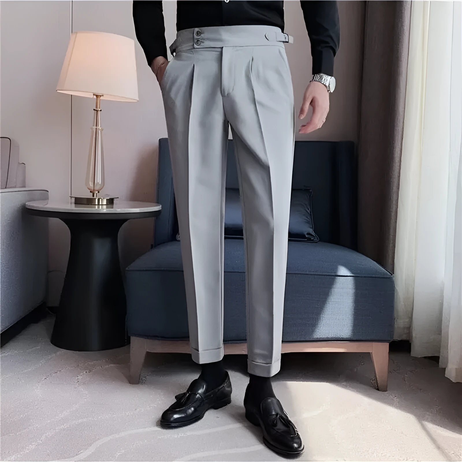 Men's polyester straight leg formal suit trousers in black, gray, and green – S10 series