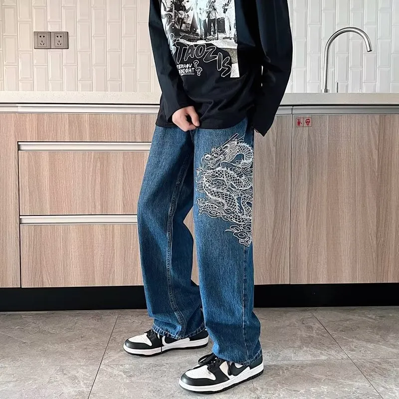 Loose embroidered jeans for men in Jinlong colour, cowboy style with three-dimensional tailoring, available in sizes S-3XL.