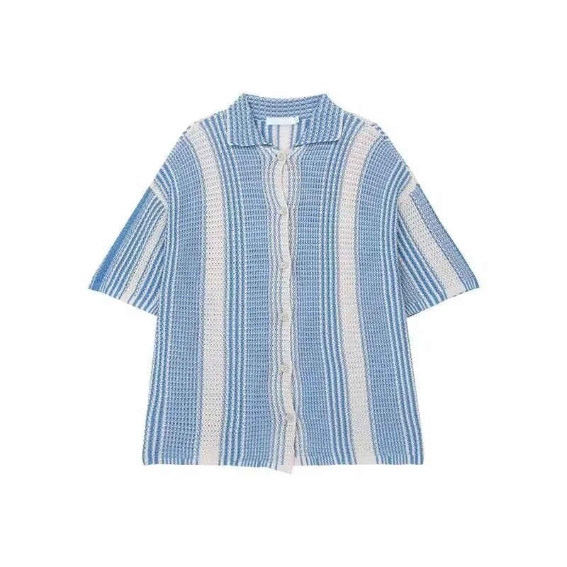 Cotton blend contrast colour short sleeve cardigan shirt for men in blue loose fit summer style