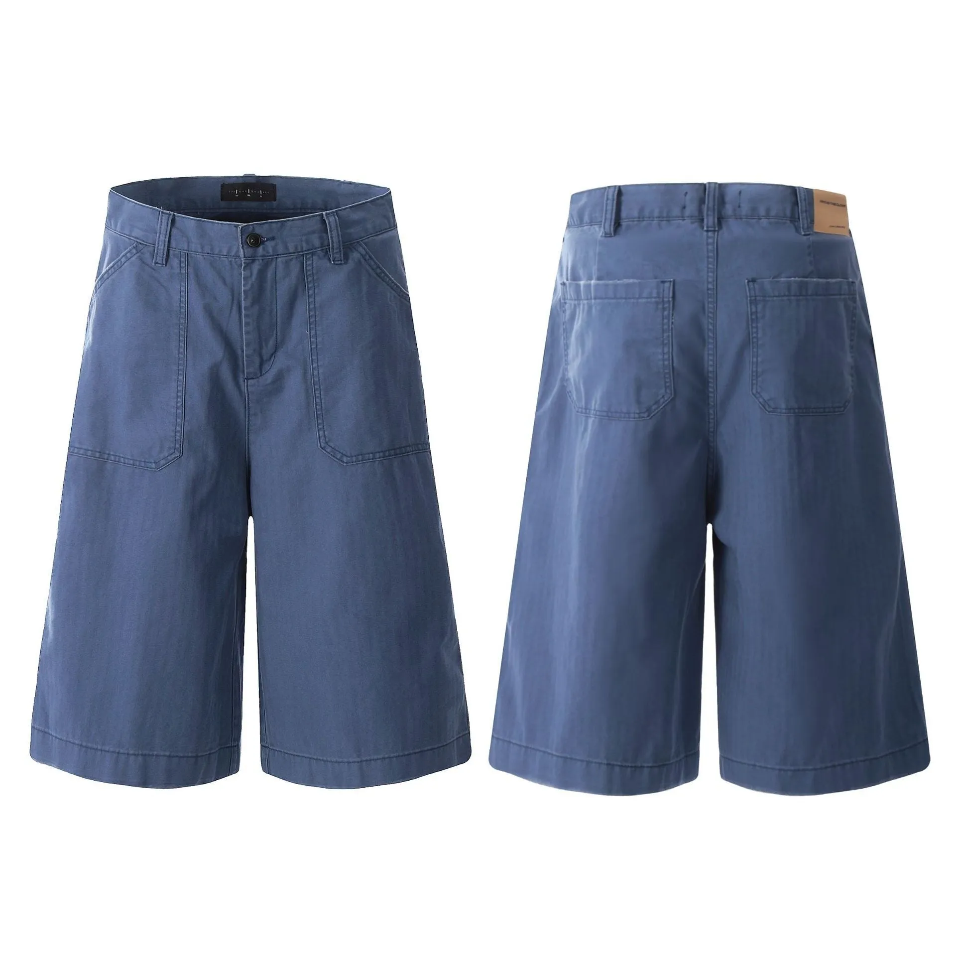 Men's French Blue cotton straight fit shorts with zipper fly on a plain background