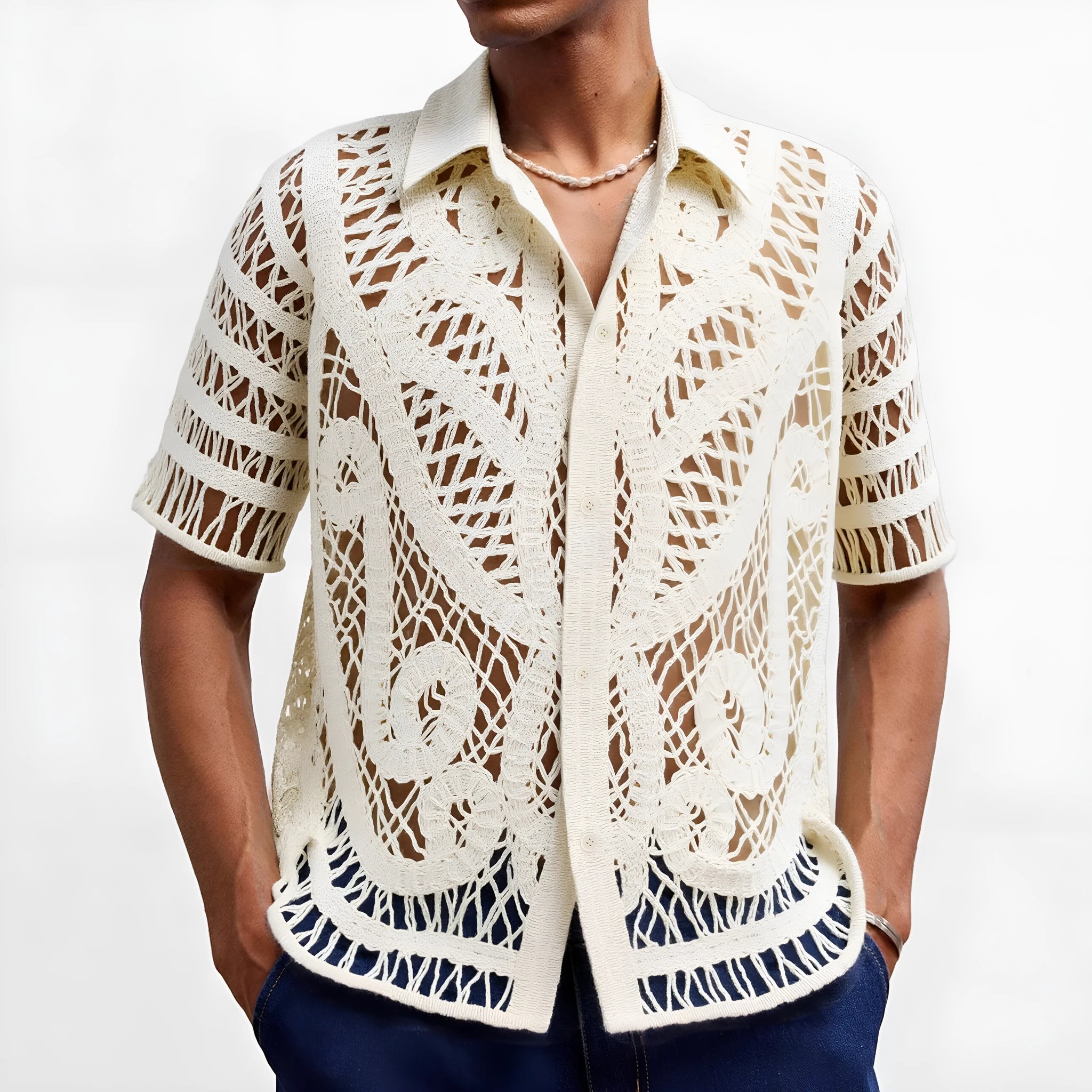 Men's hollow sweater short sleeved crochet cardigan polo shirt in apricot acrylic knit on a hanger front view