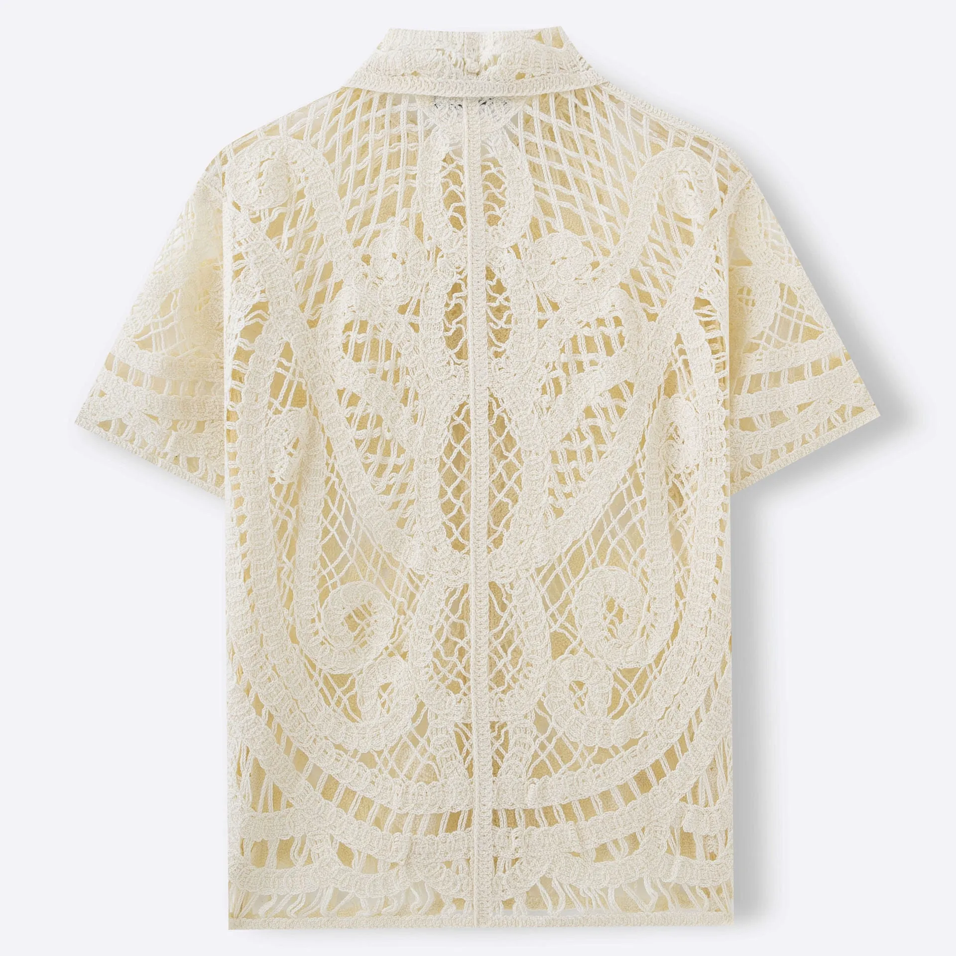 Men's hollow sweater short sleeved crochet cardigan polo shirt in apricot acrylic knit on a hanger front view
