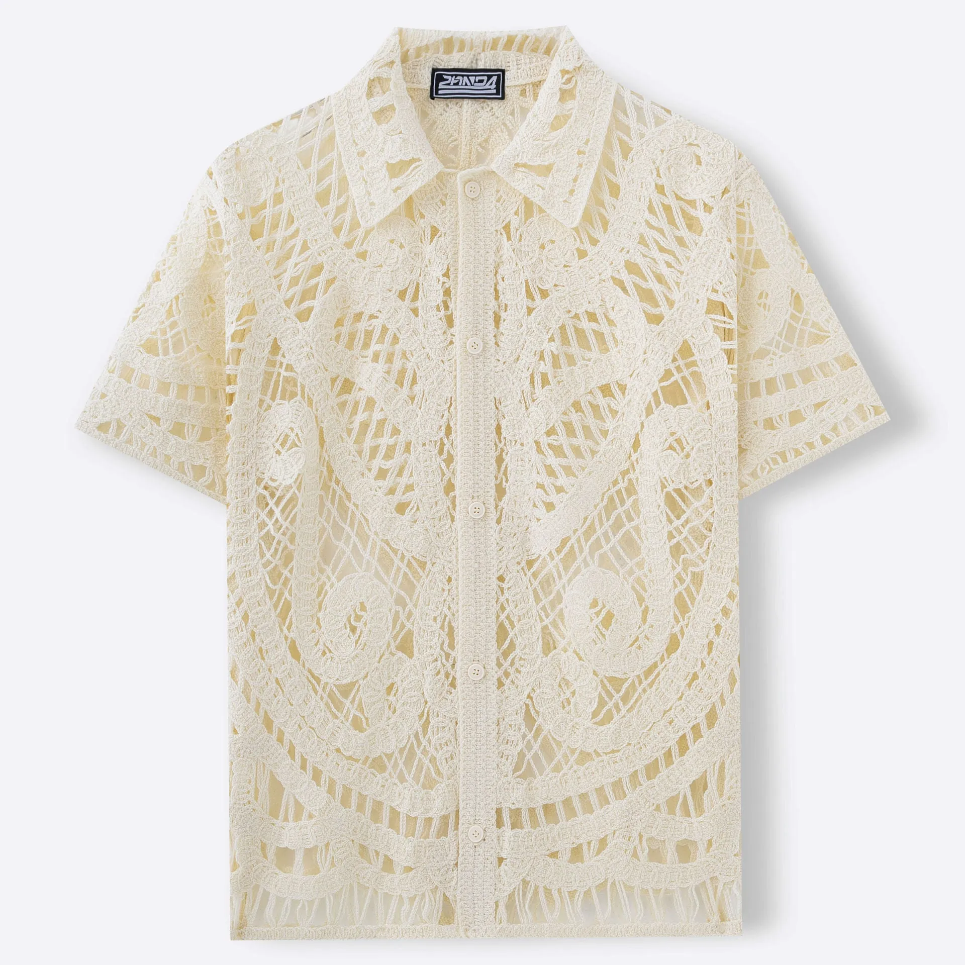 Men's hollow sweater short sleeved crochet cardigan polo shirt in apricot acrylic knit on a hanger front view