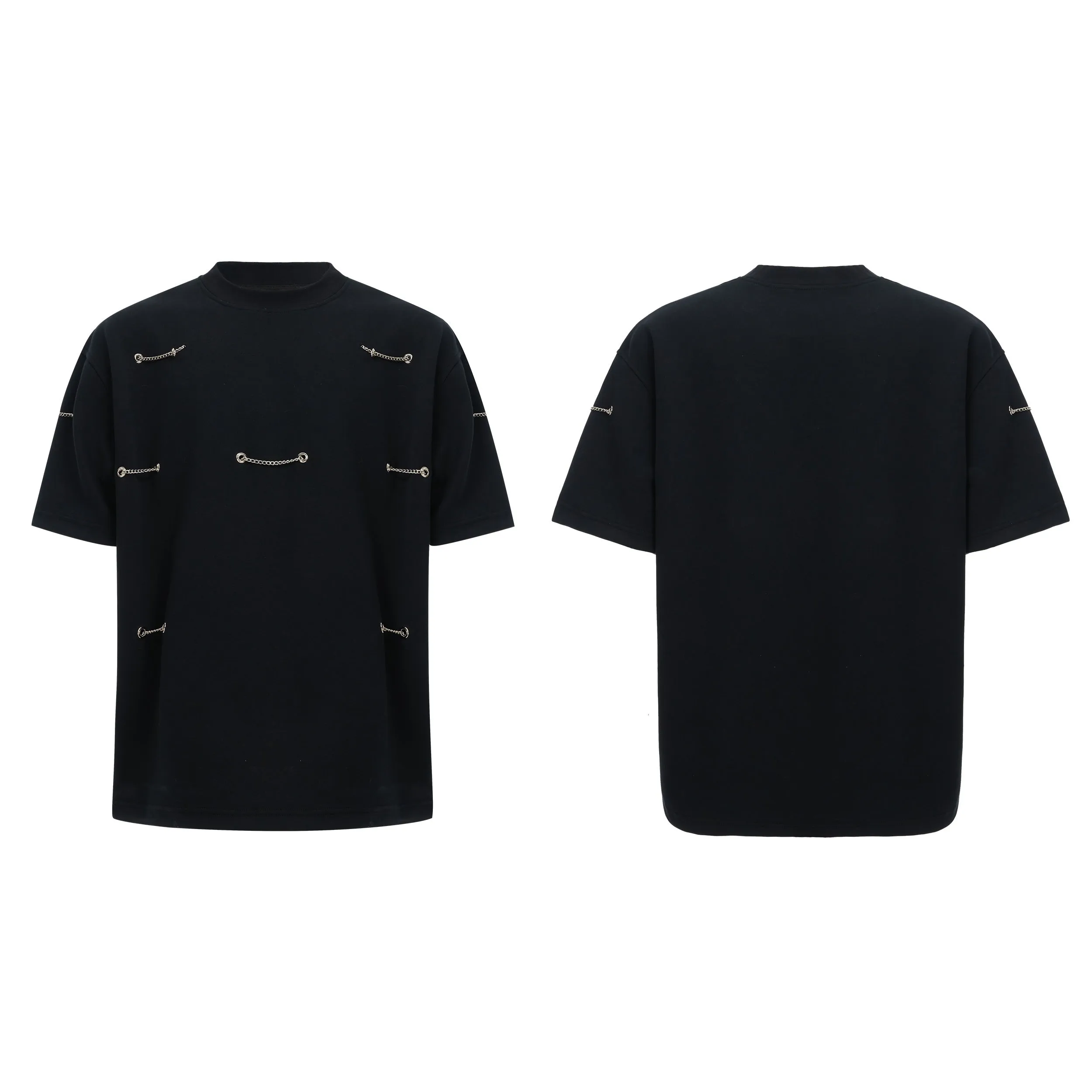 Black heavy cotton t-shirt with metal chain padded shoulder detail, round neck, short sleeves