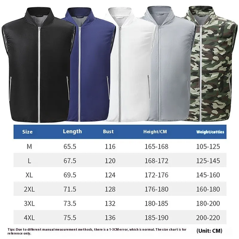 Men's outdoor cooling vest with fan and power bank in camouflage colour on a model for summer workwear