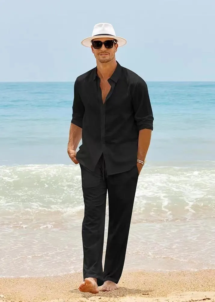 Men's cotton casual set with long-sleeved top and trousers in black white gray khaki sky blue sizes S to XXXL