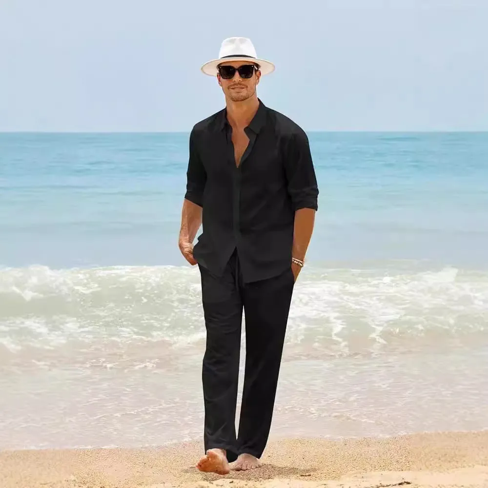Men's cotton casual set with long-sleeved top and trousers in black white gray khaki sky blue sizes S to XXXL