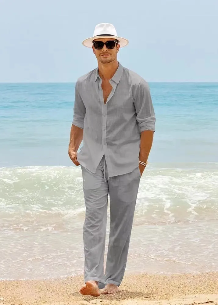Men's cotton casual set with long-sleeved top and trousers in black white gray khaki sky blue sizes S to XXXL