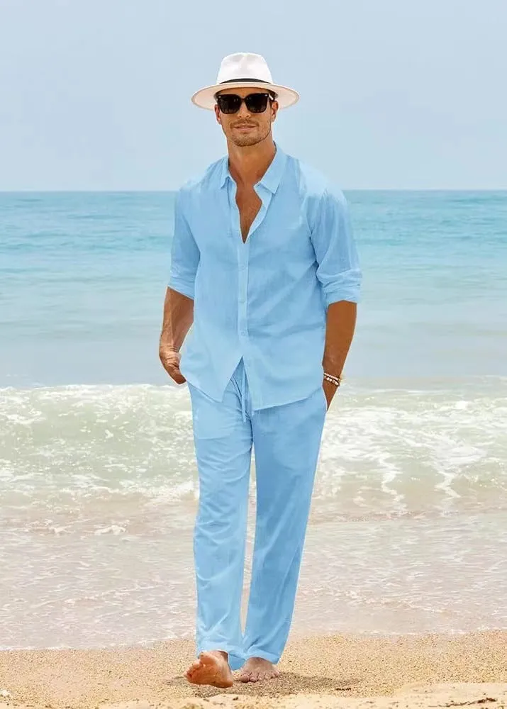 Men's cotton casual set with long-sleeved top and trousers in black white gray khaki sky blue sizes S to XXXL