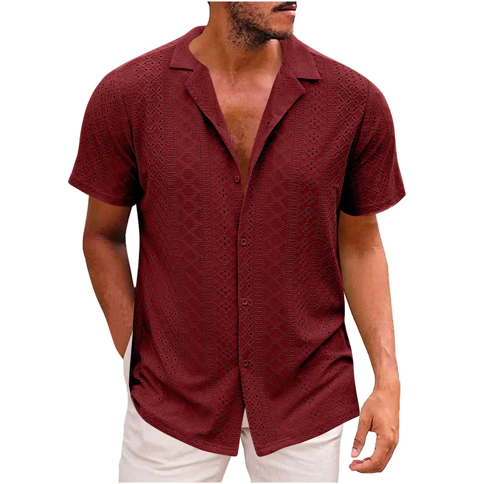 Breathable lightweight lapel men's casual shirt in cardigan style, regular fit, polyester fibre fabric, available in multiple colours