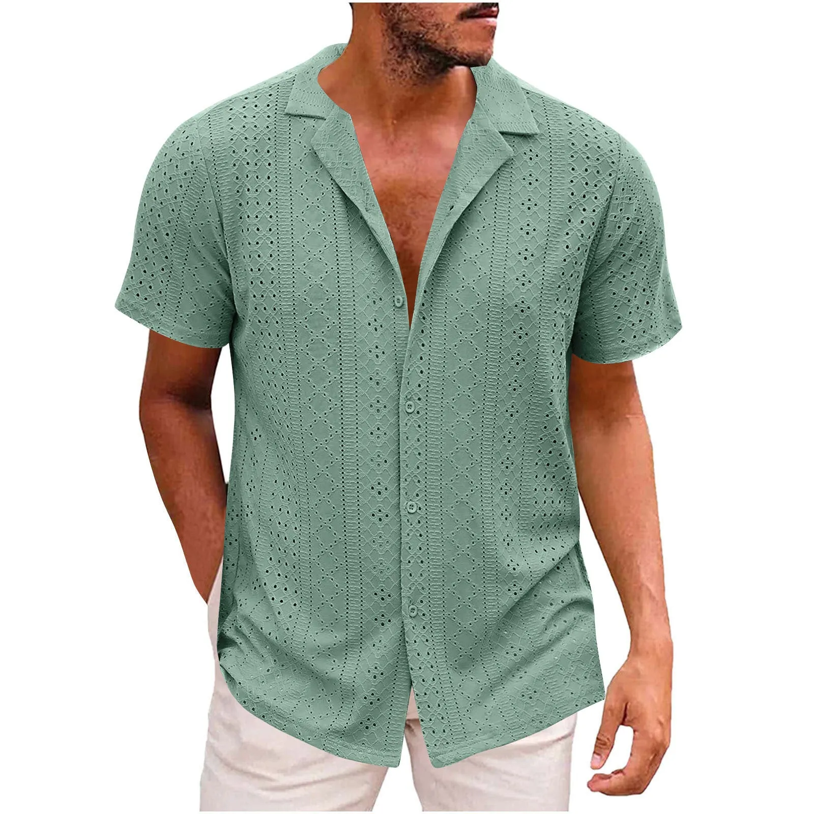 Breathable lightweight lapel men's casual shirt in cardigan style, regular fit, polyester fibre fabric, available in multiple colours