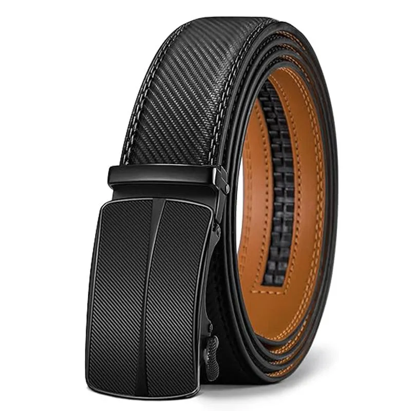 Men's automatic buckle belt in embossed PU leather with alloy buckle, showing colour style options.