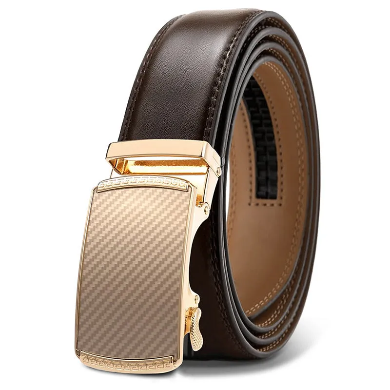 Men's automatic buckle belt in embossed PU leather with alloy buckle, showing colour style options.