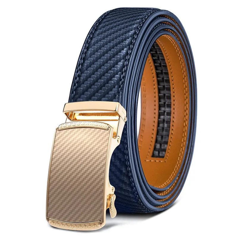 Men's automatic buckle belt in embossed PU leather with alloy buckle, showing colour style options.