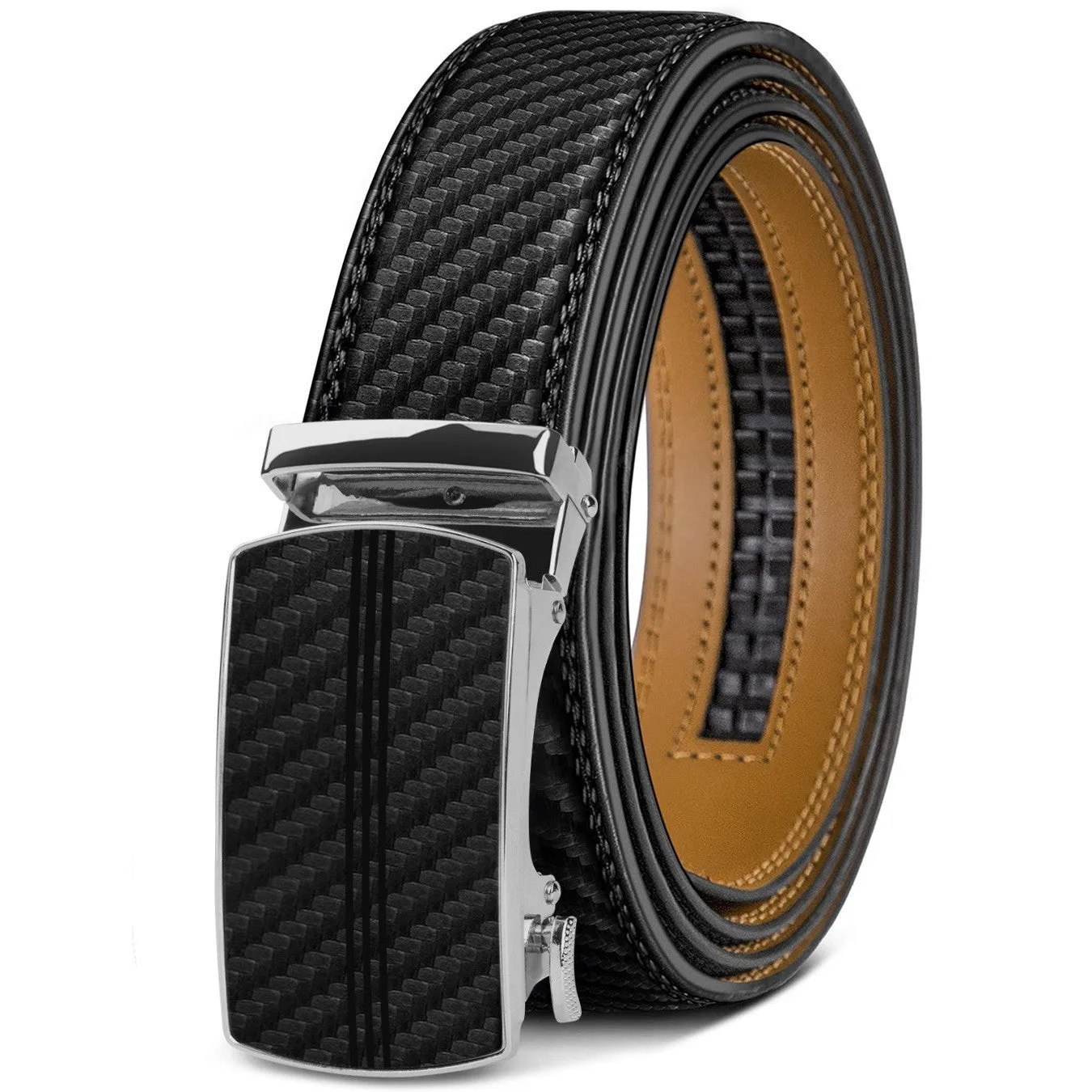 Men's automatic buckle belt in embossed PU leather with alloy buckle, showing colour style options.